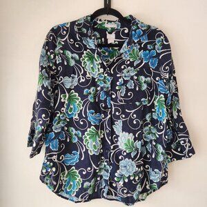 Chico's Navy Button-Front Blouse with Blue & Green Floral Motif